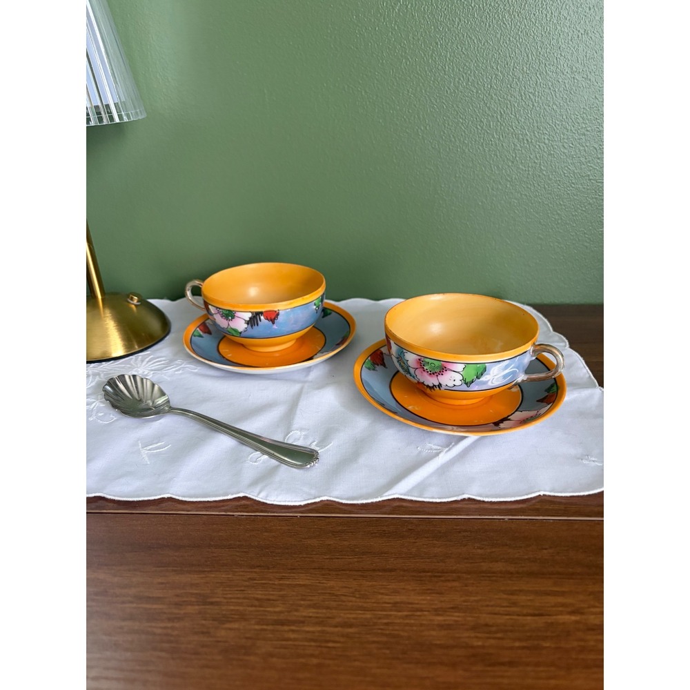Vintage Japanese Lusterware Tea Cup and Saucer Set Floral Bird Orange Blue 4pc